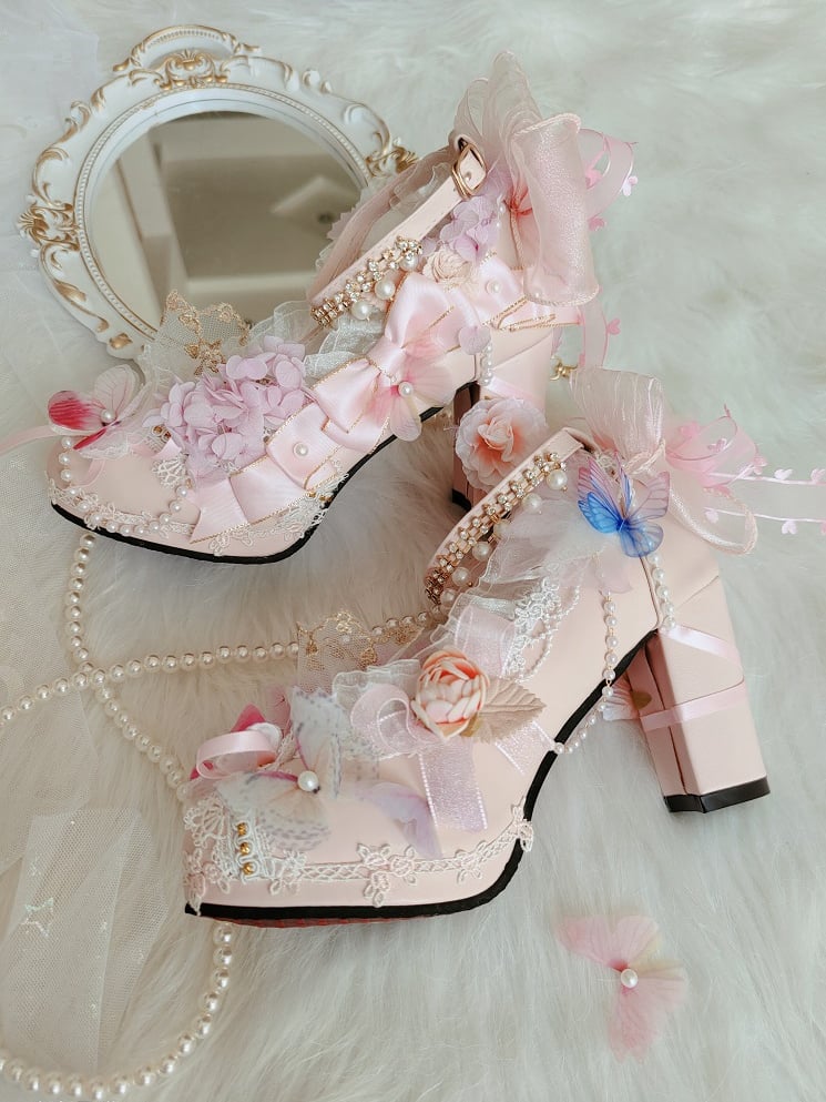 Pink Sakura Hime Lolita Shoes Bow Accents Butterfly Decorated Princess High Heels