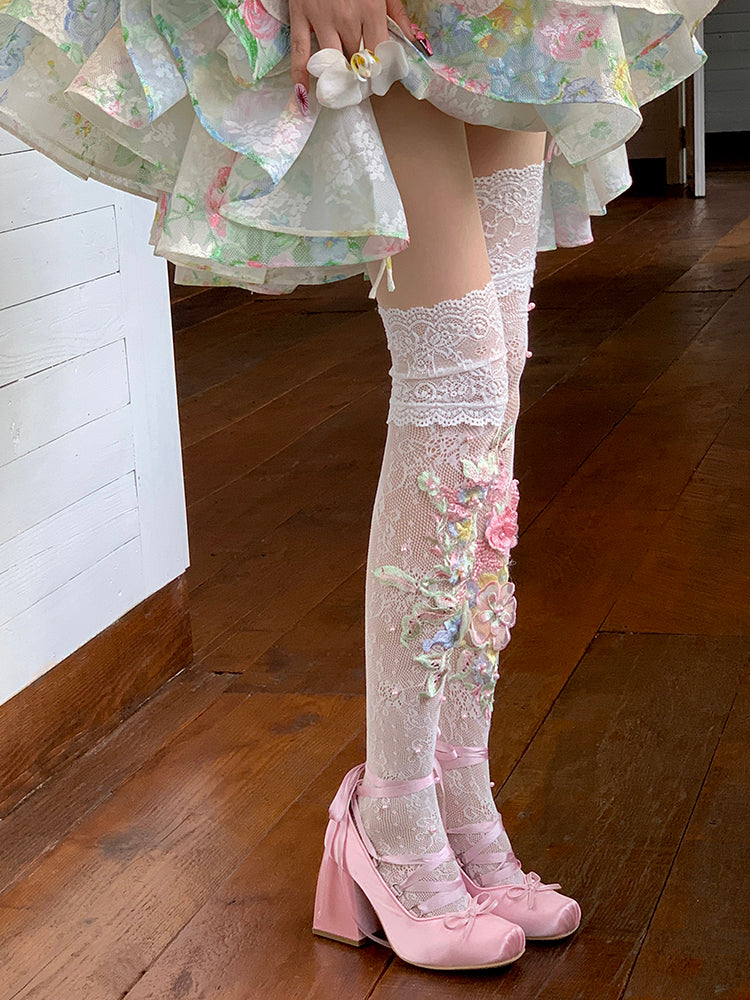 White Lace Trim Floral Embroidery Overknee Stockings