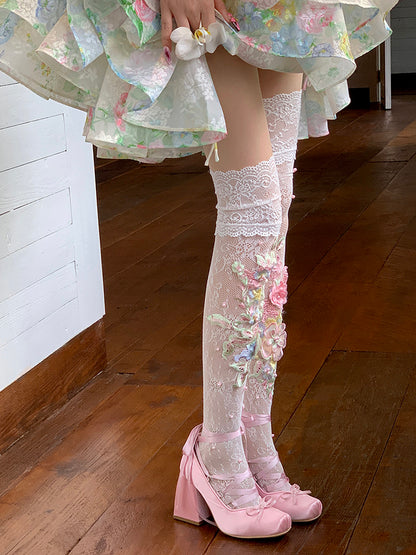 White Lace Trim Floral Embroidery Overknee Stockings