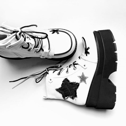 Star Appliques Punk White Denim Platform Ankle Boots