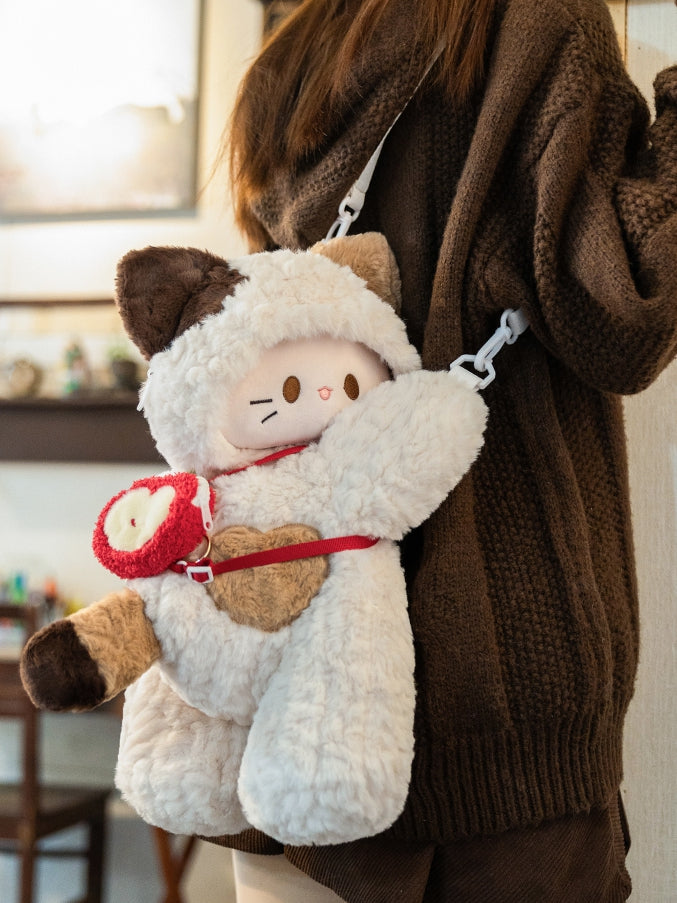White Kitty-shaped Plush Backpack/Crossbody Bag + 4 Options Keychain Small/Middle/Large Size