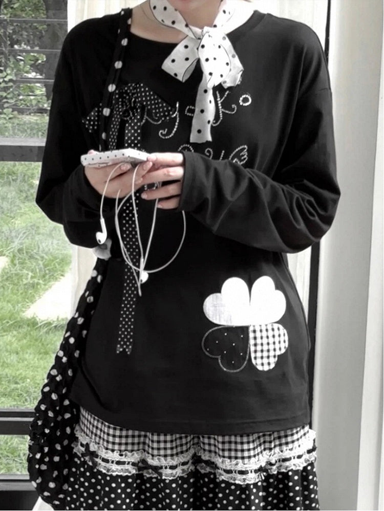 Black Top with Embroidered Clover Applique and Detachable Ribbon Bow with Rhinestone