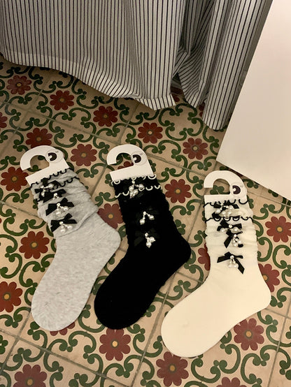 White/Black/Gray Beaded Charm Bowknot Details Calf Socks