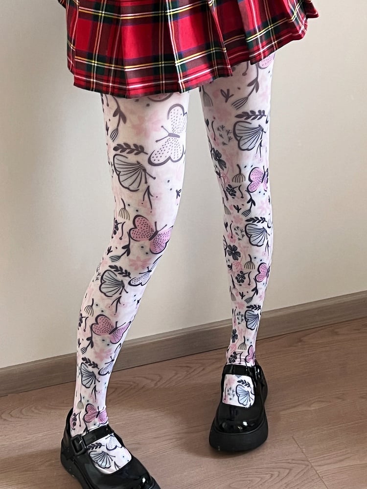 White Butterfly Print Tights