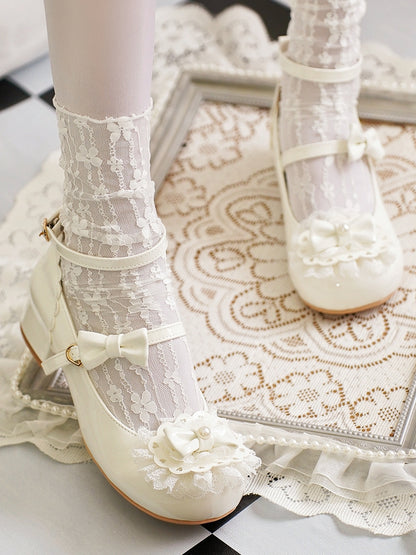 Milky White Bow at Top Lace Trim Heart Buckles Round Toe Lolita Shoes
