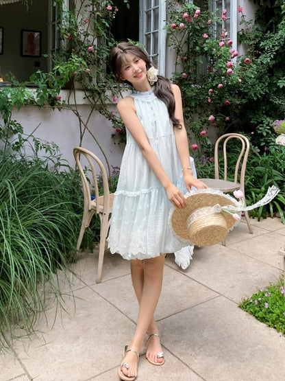 Light Blue Ruffled Halter Neck Bead Buttons Sleeveless Dress Bubble Skirt