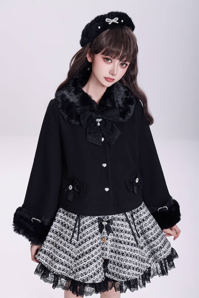 Jirai Kei Black Detachable Faux Fur Collar and Cuffs Landmine Style Coat