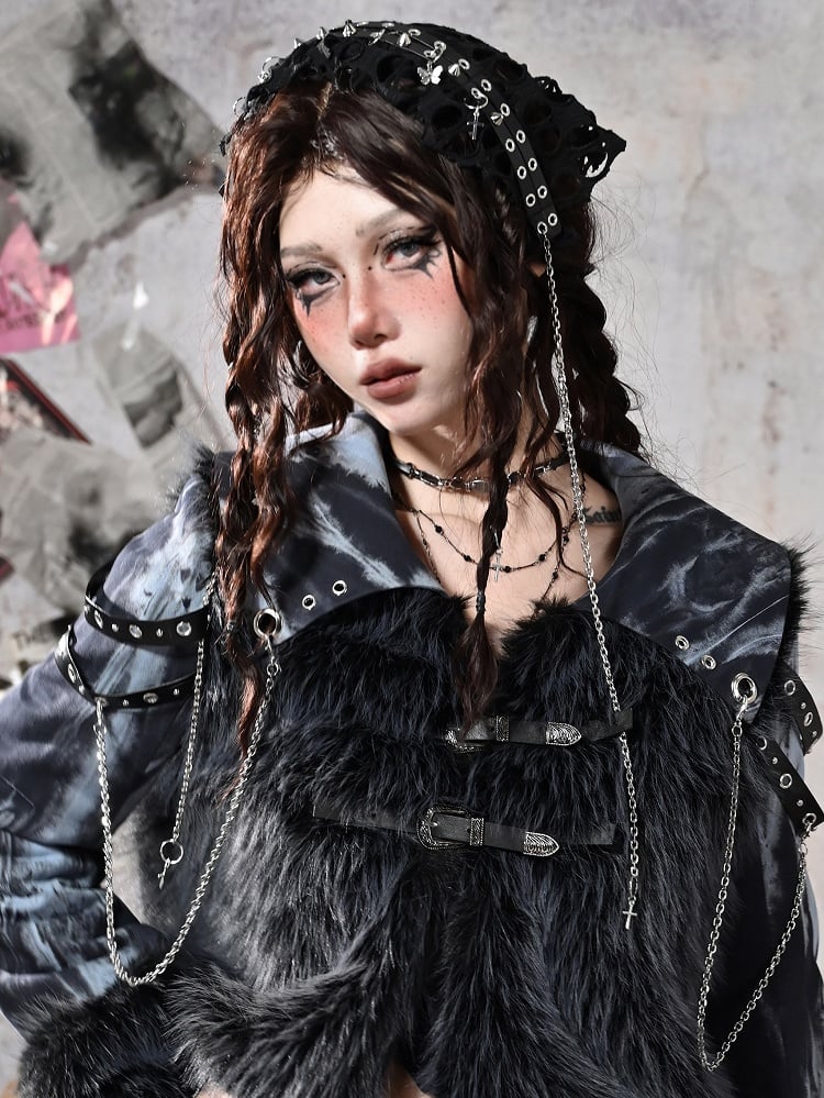 Grunge Punk Rock Black Studs Design Mesh Triangle Scarf KC Cross Charms Chain Detail