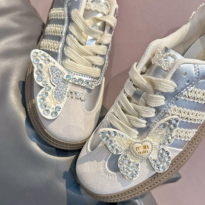 Beads and Rhinestones Detail Silver Butterfly Decorated Sneakers