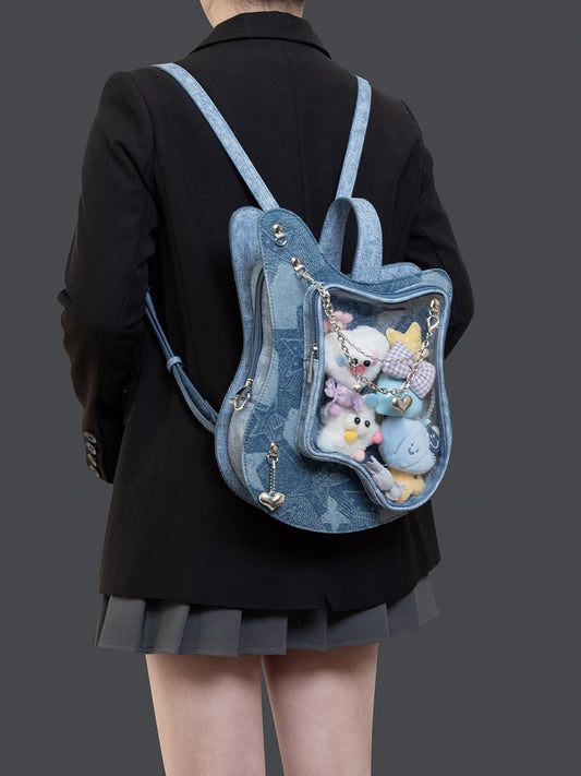 Chic 2-Way Kawaii Blue Guitar-Shaped Ita Bag With Y2K Style &Heart Chain Accents