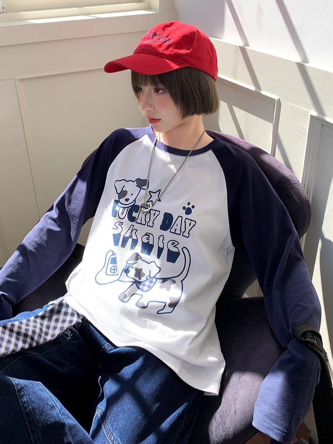 White/Blue Colorblock Design Adorable Puppy Print Loose Top