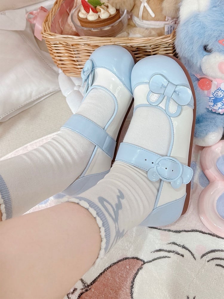 Blue Bunny Ear Bowknot Decorated Bear Buckle Flats