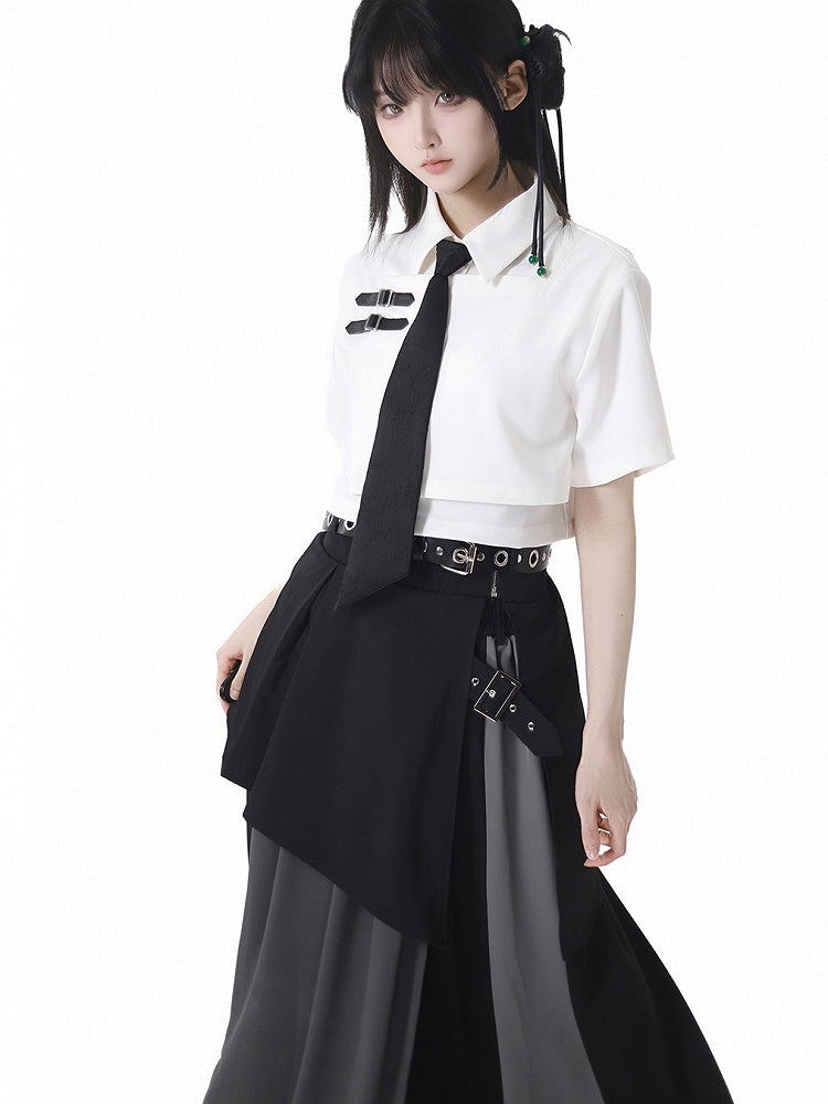 Black Asymmetrical Hem Corset Belt with Buckle Belt