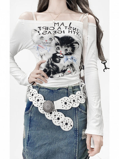 White Y2K Bittersweet Letter And Cat Print Off-the-shoulder Neckline Top