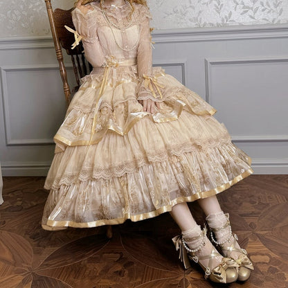 Champagne Bunny and Kitty Print Lolita Tiered Ruffle Skirt