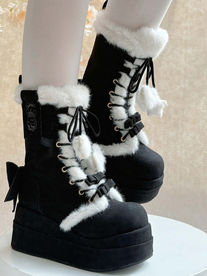 Plush Lined & Romantic Bow Accents Platform Black Boots in Sweet Lolita