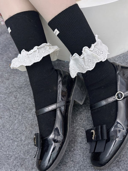 White/Black/Grey/Apricot Lolita Calf Socks With Hollow-out Lace Ruffled Cuffs