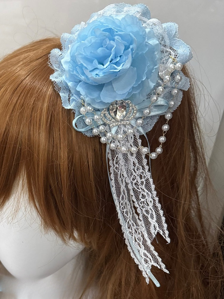 Blue Rhinestone Crown Decorated Beaded Charm Floral Hairclip
