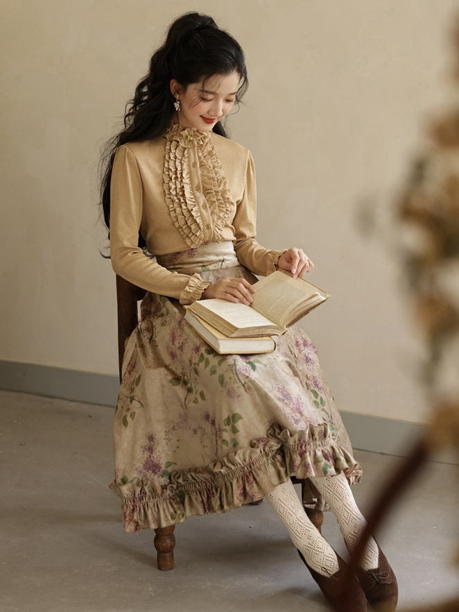 Vintage Purple Floral Print Ruffle Trim High Waist Skirt