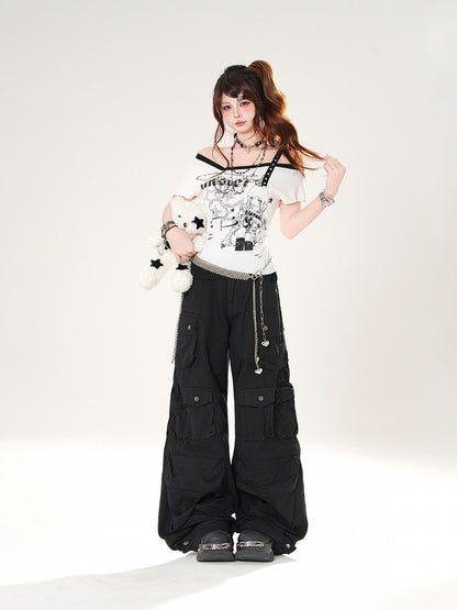 Anime Girl Print Gray/White Asymmetrical Neckline Slim-fitting T-shirt