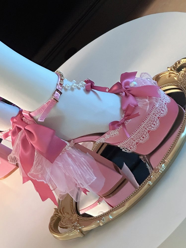 Pink Bows Lace Trim Rhinestone Ankle Strap 14CM Block Heel Hime Lolita Shoes with Beaded Chains