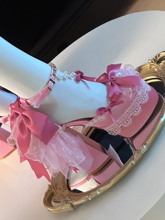 Pink Bows Lace Trim Rhinestone Ankle Strap 14CM Block Heel Hime Lolita Shoes with Beaded Chains
