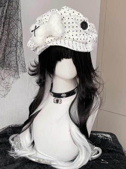 Black/White Polka-dot Pattern Button Decorated Beret Hat With Plush Bone