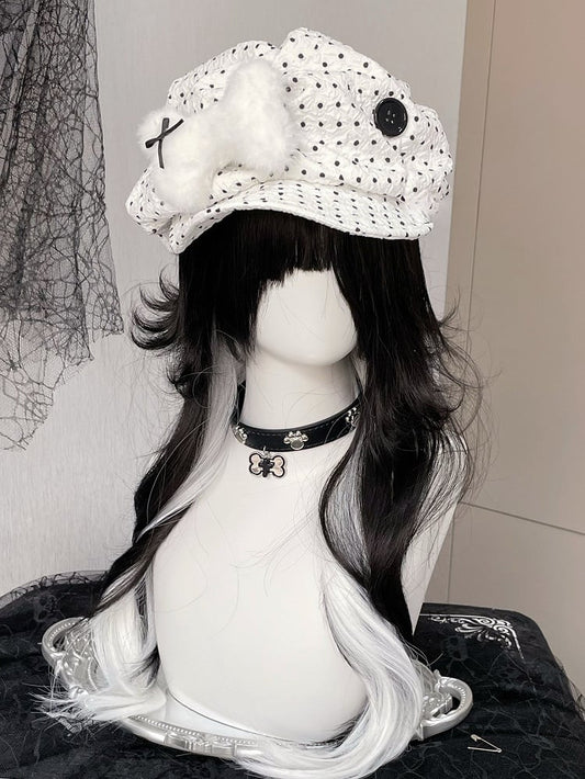 Black/White Polka-dot Pattern Button Decorated Beret Hat With Plush Bone