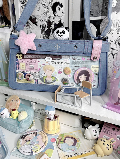 Blue Cross Design Denim Ita Bag with Detachable Chain