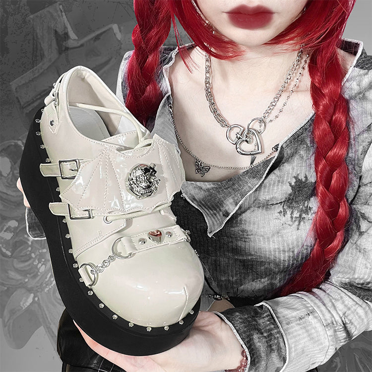 Devil Wings Punk White Platforms Silver-tone Studs Goth Shoes