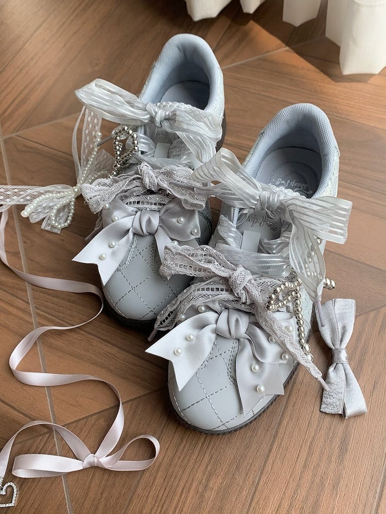 Gray Beaded Decorated Bow at Top Lace Front Lace-up Ties Sneakers