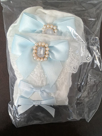 White/Black Jirai Kei Bowknot Details Rhinestone Lace Cuffs Calf Socks