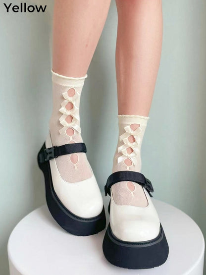 6 Colors Bowknots Cutout Lolita Calf Socks