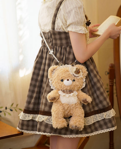 Interchangeable Strap Kawaii Plush Bear Crossbody Bag With Artificial Pearl Strap Option