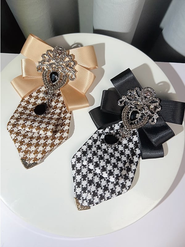 4 Options Rhinestone Decorated Bowknot Design Houndstooth Pattern Neck Tie