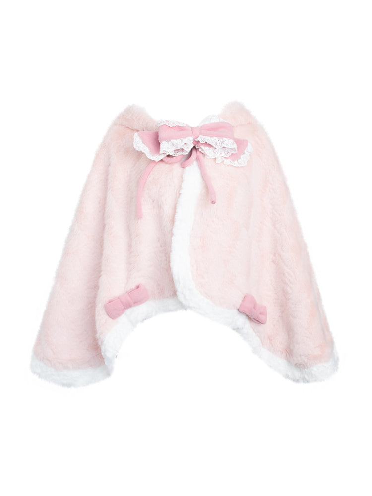Sweet Plush Pink Bunny Ear Cape with Lace and Bow Accents