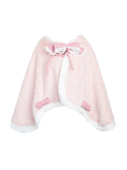 Sweet Plush Pink Bunny Ear Cape with Lace and Bow Accents