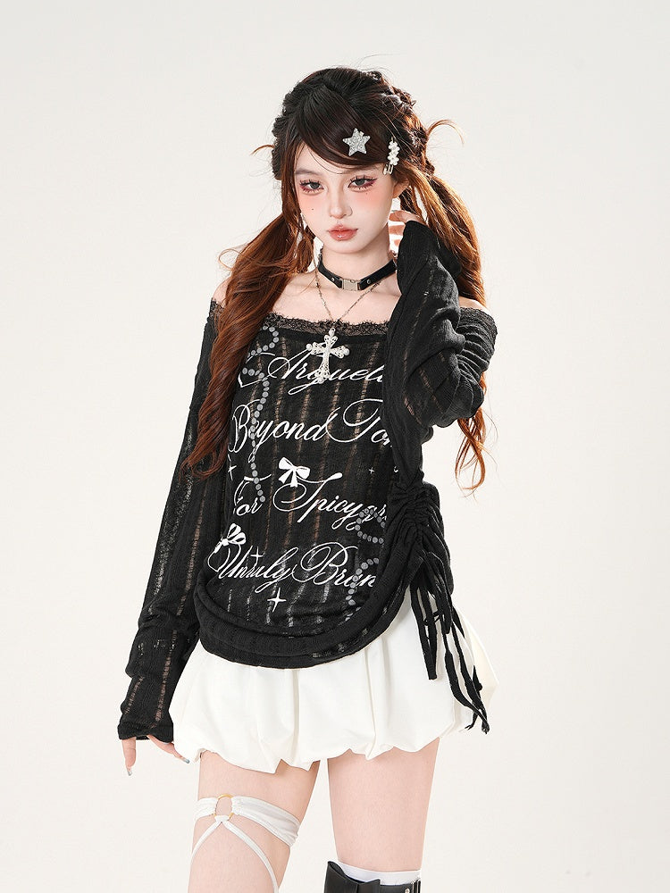 Off-the-shoulder Neckline Bowknot Print Black/White Semi-sheer Coverup