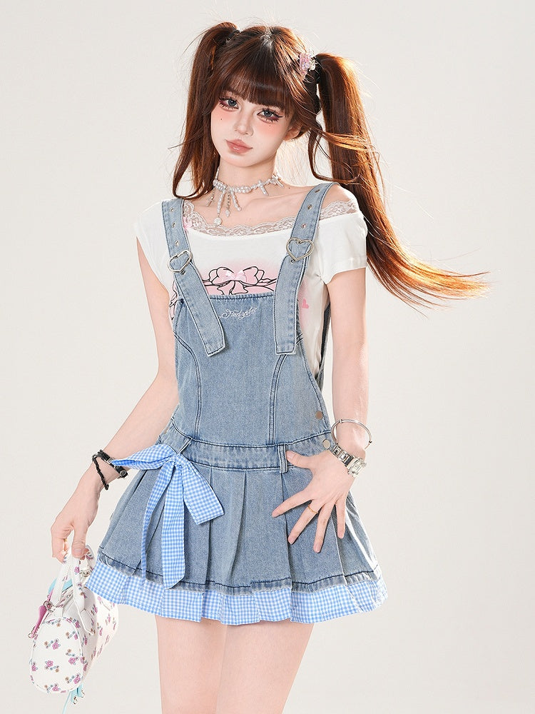 Blue Plaid Hem and Bowknot Box Pleat Adjustable Straps Denim Overall Dress