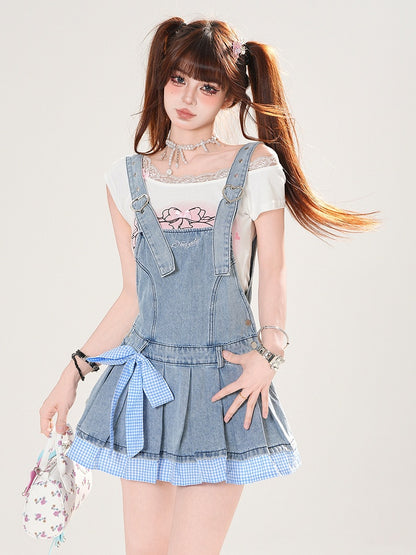 Blue Plaid Hem and Bowknot Box Pleat Adjustable Straps Denim Overall Dress