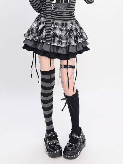 Y2K Black and White Plaid Tiered Skirt Bowknots Decoration
