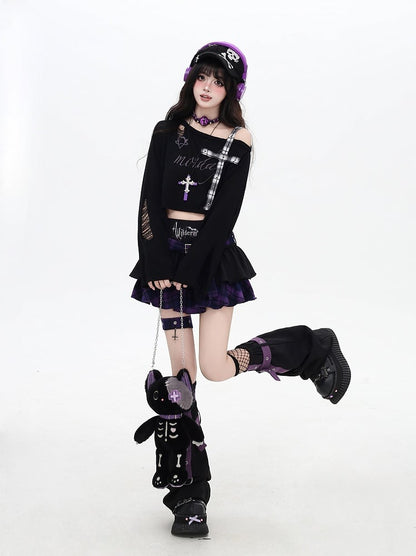 Asymmetrical Neckline Criss-cross Gray/Red Plaid Shoulder Strap Distressed Holes Coverup