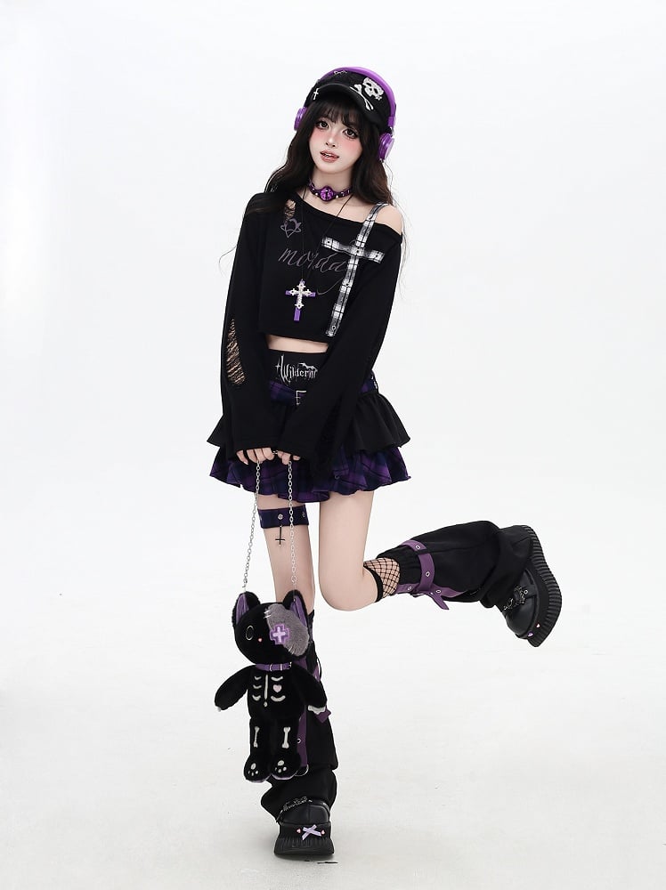 Asymmetrical Neckline Criss-cross Gray/Red Plaid Shoulder Strap Distressed Holes Coverup