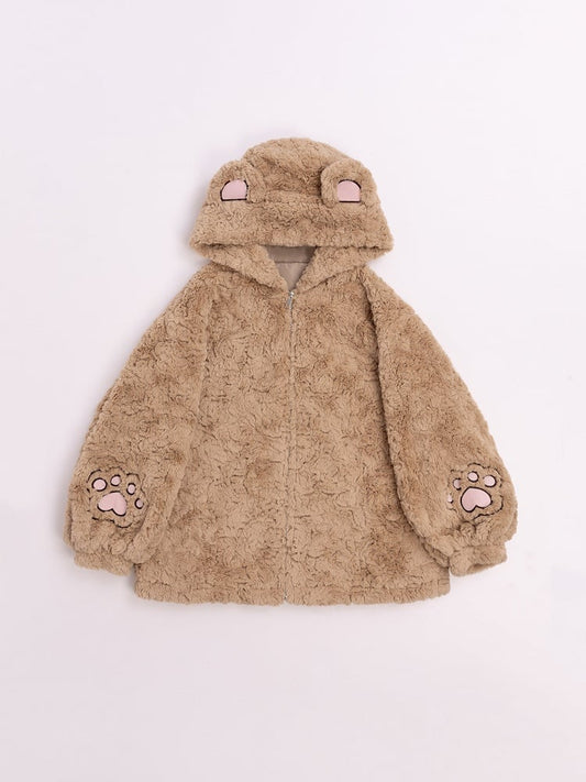 Brown Fluffy Teddy Bear Jacket with Ears Hood for Girls/Women