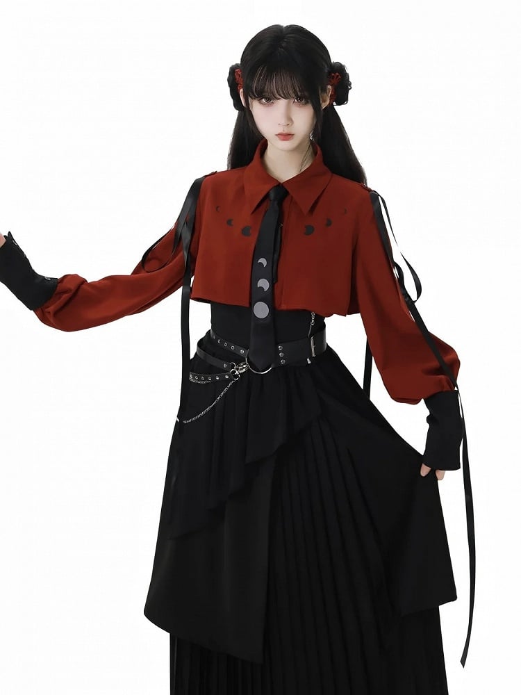 Wine Red/White Ribbon Moon Print Shirt With A Tie