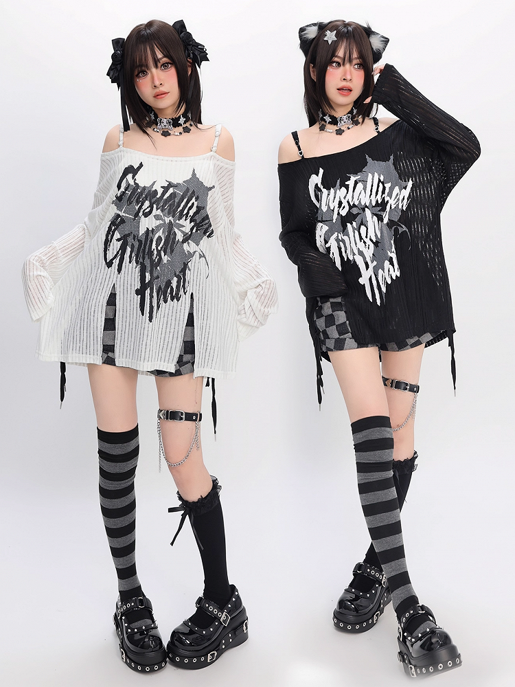 Y2K Off-the-shoulder Neckline Slit Hem Black/White Graphic Coverup