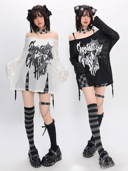 Y2K Off-the-shoulder Neckline Slit Hem Black/White Graphic Coverup