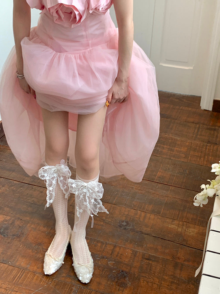 White/Pink/Yellow/Blue Lace Bowknot With Rhinestone Charm Socks