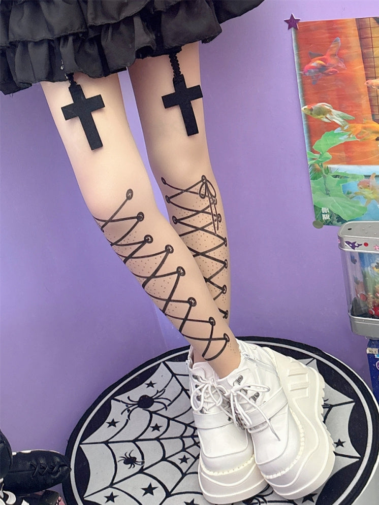 Nude Y2K Lace-up Straps Print Tights