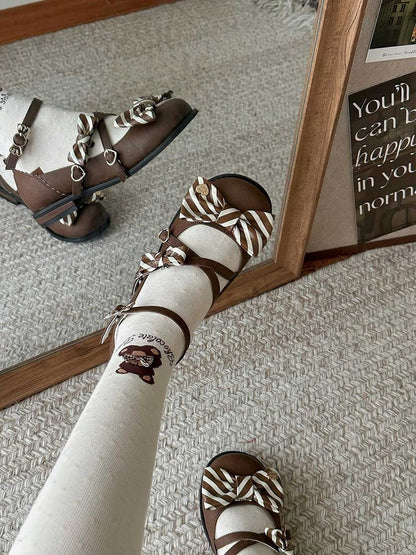 Brown Striped Pattern Bow at Top Crisscross Design Heart Buckles Lolita Shoes